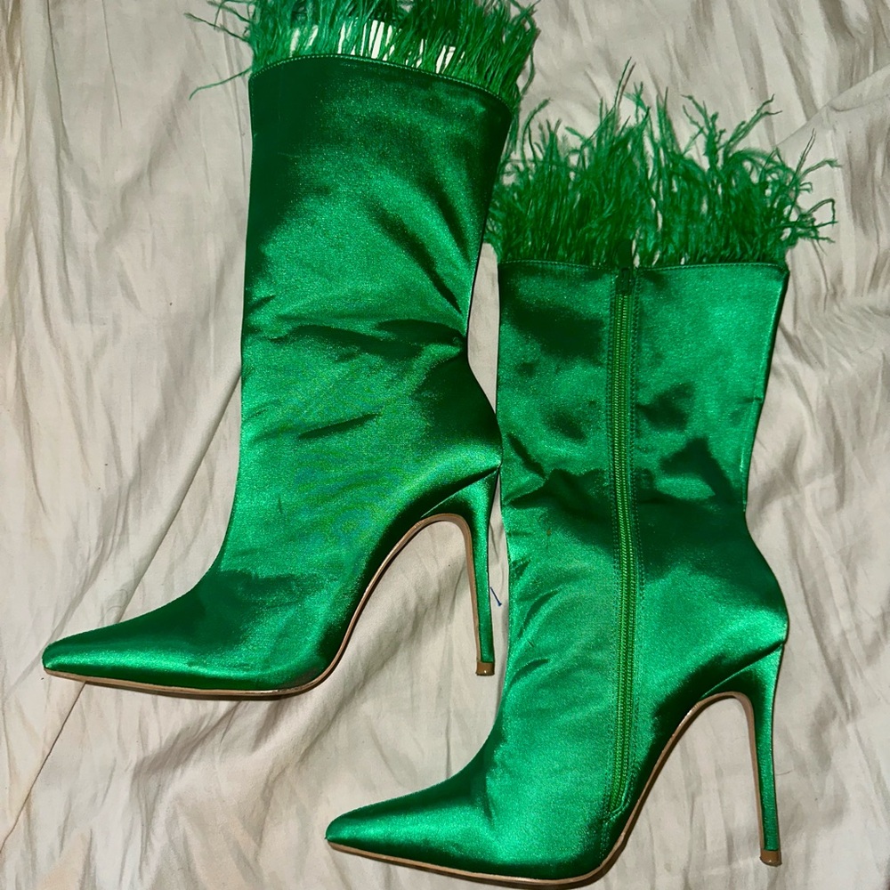Feathered Green Satin Stiletto Boots - Women’s Size 8